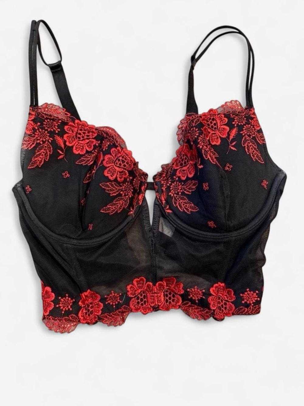 Secret Treasures Black Bra with Red Floral Lace Longline Design